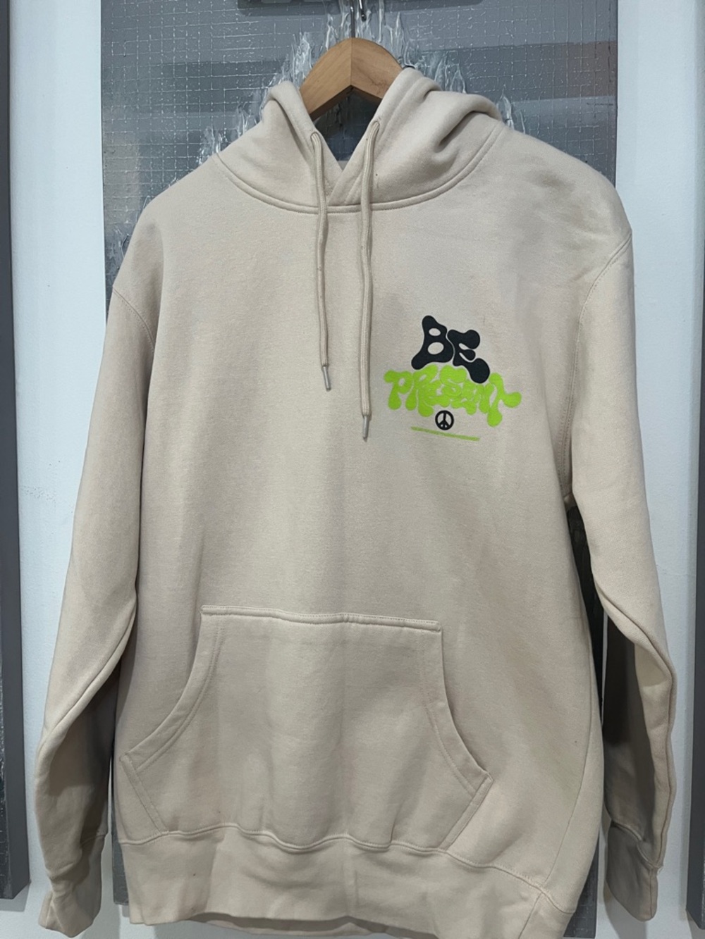 Men's Cream Crewneck Hoodie with Neon Graphic